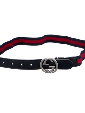 Gucci Black Leather & Red Navy Stripe Belt with Silver Interlocking G